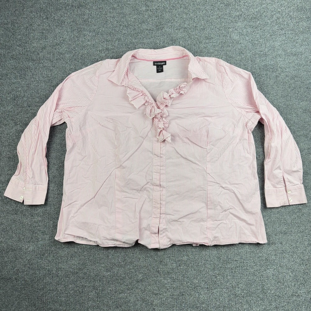 Lane Bryant Shirt Womens 26 Pink Striped Ruffle Button Front Long Sleeve Plus